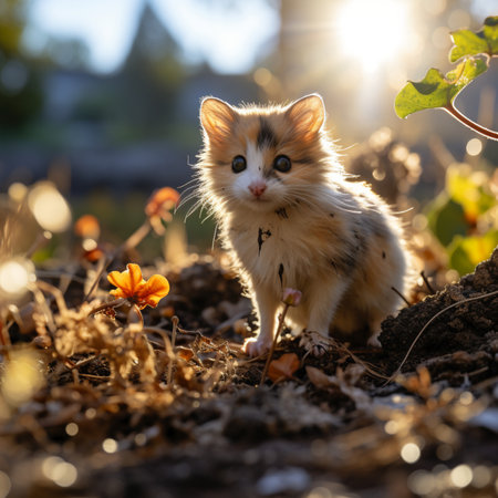 Cute little kitten playing in the garden on a sunny day,Generative AIの素材