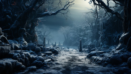 Fantasy landscape with a path in the forest. 3d renderingの素材