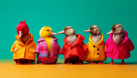 Ducklings in raincoat and raincoat on green background.の素材