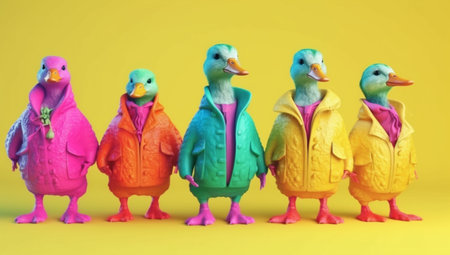 Colorful plastic ducks isolated on yellow background. Minimal concept.の素材