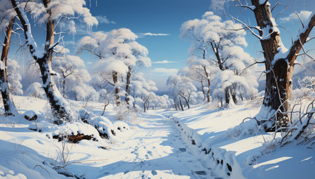 Winter landscape with snow covered trees and blue sky. Winter forest,Generative AIの素材
