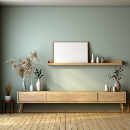 Interior of modern living room with wooden cabinet and shelf. 3d renderの素材