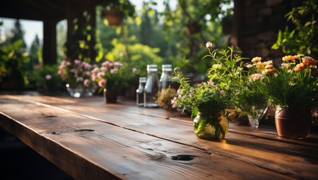 Wooden table with flowers in the garden. Selective focus.の素材