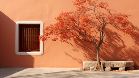 Orange wall with a tree and a bench, 3d render.の素材