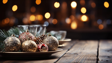 Christmas background with baubles and pine branches on a wooden tableの素材