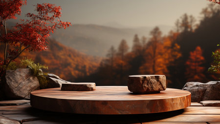 Wooden platform on the background of autumn forest. 3d renderingの素材