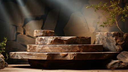 Wooden steps in the garden with spotlights in the background,Generative AIの素材