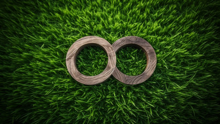 Wedding rings on green grass background. 3D illustration.の素材