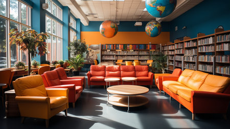 Interior of a library with orange armchairs and bookshelf,Generative AIの素材