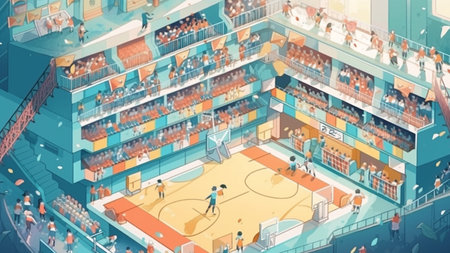 Basketball court with basketball players and spectators. Vector illustration in cartoon style,Generative AIの素材
