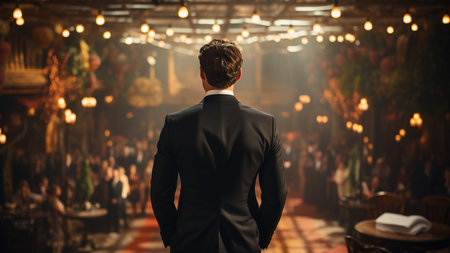 Rear view of a young businessman standing in a night club.の素材