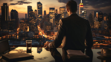 Businessman with a glass of whiskey against view of the city at nightの素材