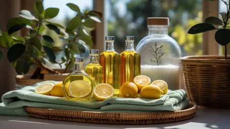 Essential oil in glass bottles and fresh lemons on wooden tableの素材