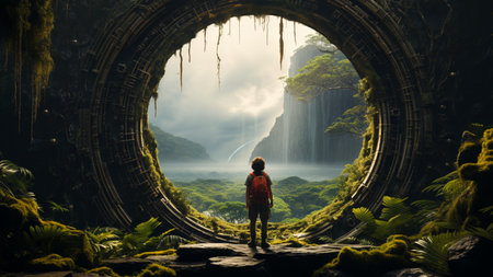 Fantasy scene of a young woman with a backpack looking into a cave,Generative AIの素材
