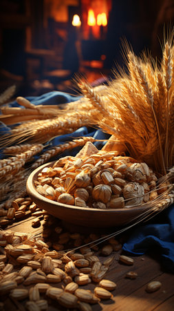 Still life with wheat ears and grains on a wooden table in the kitchenの素材