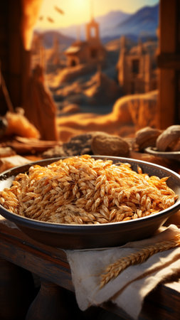 Bowl of wheat groats on wooden table, close-up,Generative AIの素材