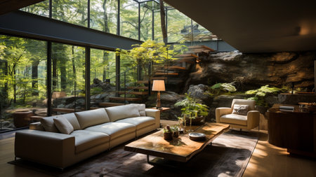 Interior design modern living room with stone wall and wooden floor,Generative AIの素材