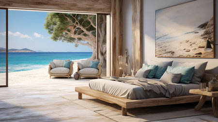 3d rendering of a modern bedroom with a sea view and a beachの素材