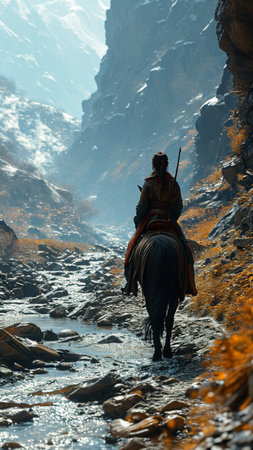 Rear view of a man riding a horse in the Himalayasの素材