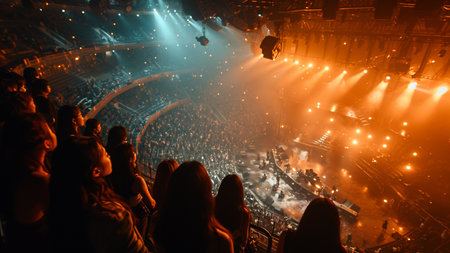 Crowd at a live music concert with lights and smoke on the stage,Generative AIの素材