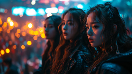 Group of asian women in the city at night with bokehの素材