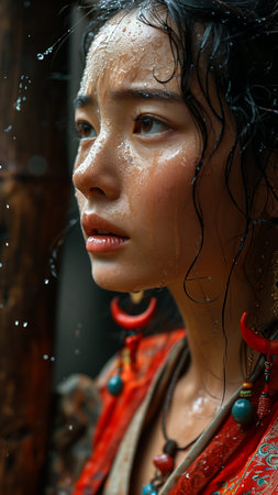 Portrait of young beautiful Asian woman with wet hair and wet face looking awayの素材