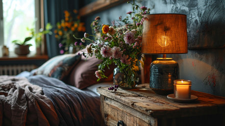 Bedroom interior with flowers in vase, candles and old wooden boxの素材