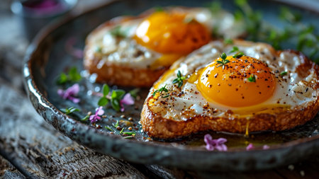 Fried eggs on toast with butter and herbs on rustic wooden backgroundの素材