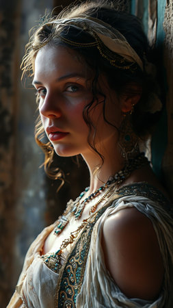 Portrait of a beautiful girl in a medieval costume. Retro style, Generative AIの素材