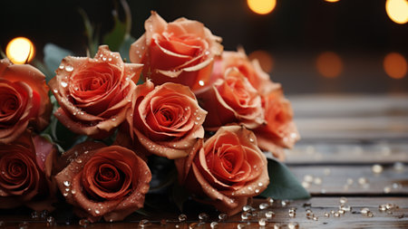 Beautiful bouquet of roses on wooden table against blurred lights, closeupの素材
