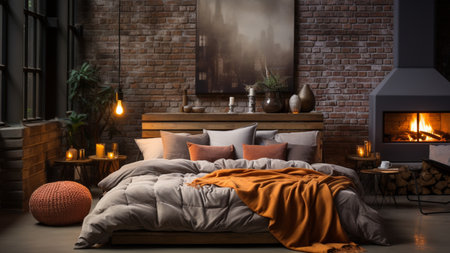 Cozy bedroom interior with comfortable bed and fireplace. 3d rendering,Generative AIの素材