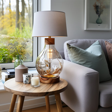 Lamp on a table in a living room with a window view,Generative AIの素材