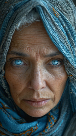Portrait of an old woman with blue eyes in a turban,Generative AIの素材