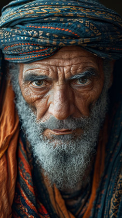 Close up portrait of a sad old man with white beard and turban,Generative AIの素材