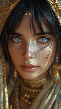 Portrait of a beautiful girl with blue eyes in a golden costume,Generative AIの素材