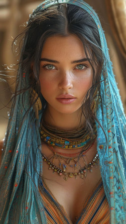 Portrait of a beautiful young brunette woman with blue scarf,Generative AIの素材