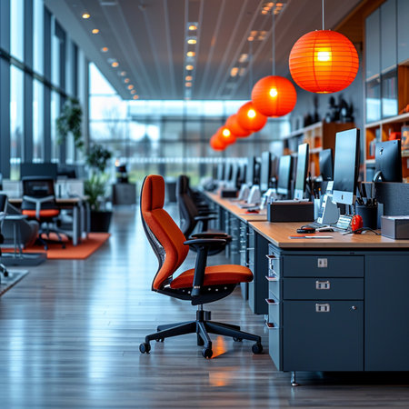Modern office interior with computers and orange chair. 3d rendering.の素材