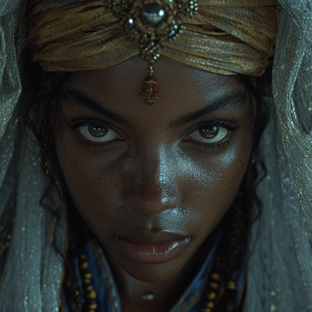 Portrait of a beautiful African woman with black hair and blue eyes,Generative AIの素材