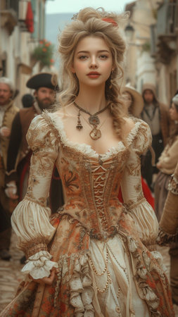Portrait of a beautiful young woman in medieval dress in the street,Generative AIの素材