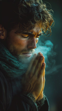 Portrait of a young man with smoke in the dark. Men's beauty, fashion.の素材