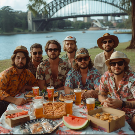 Group of friends having a picnic in the park, drinking beer.の素材
