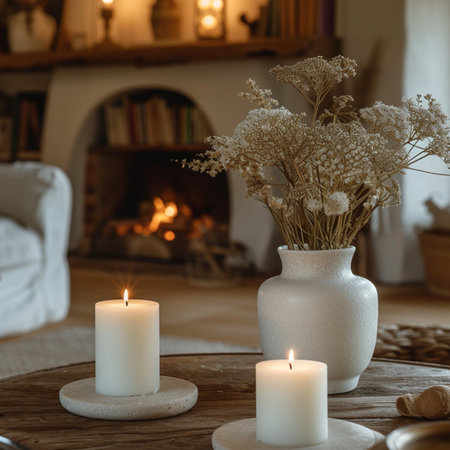 Burning candles in the interior of a room with a fireplace.の素材