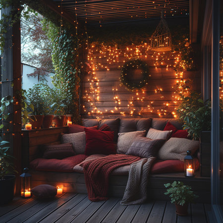 Interior of a cozy room decorated with Christmas lights. 3D renderingの素材