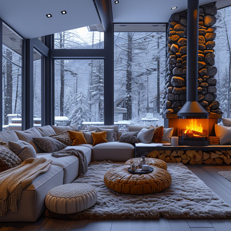 3d rendering of cozy living room with fireplace in winter forest.の素材