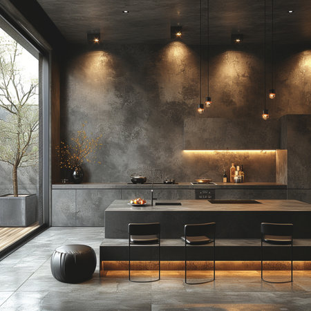 Interior of modern kitchen with gray walls, concrete floor, gray countertops and wooden cupboards. 3d renderingの素材