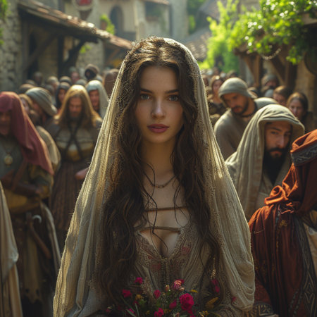 Medieval woman with long hair in a medieval dress on the street,Generative AIの素材