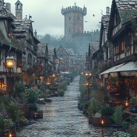 Cobblestone street with old houses and medieval tower in the fog,Generative AIの素材