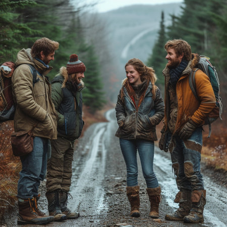 A group of friends are walking along the road in the forest.の素材