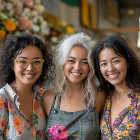Portrait of three beautiful women smiling at camera in a flower shop,Generative AIの素材
