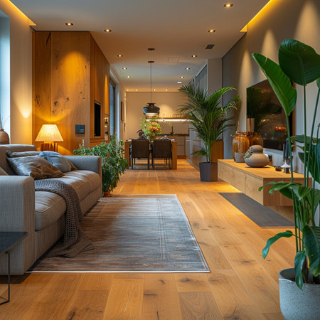 Interior of modern living room with wooden furniture and plants. 3D render,Generative AIの素材